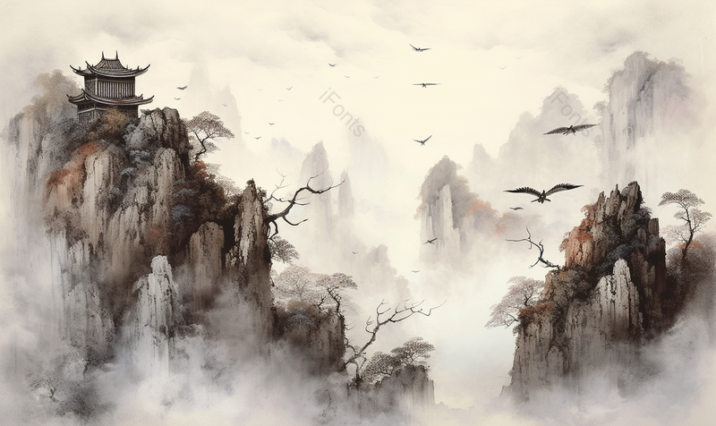 中国风古风彩色水墨飞鸟飞过山峰和房屋建筑水墨山水画国画插画,插画/手绘图,插画/手绘图库,插画/手绘图下载,插画/手绘